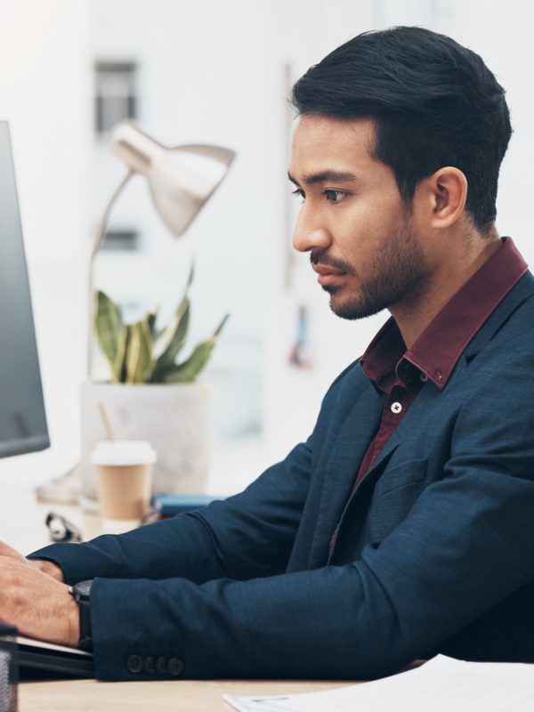 Laptop, office administration and business man typing on finance spreadsheet, bank software or financial accounting. Bookkeeping data, management profile and consultant problem solving payroll system